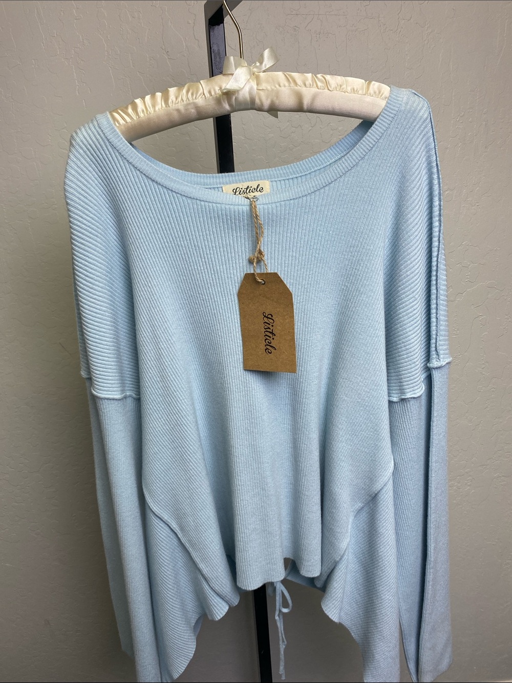 Listicle Pale Blue Scoop Neck Ribbed Hem Drawstring Top